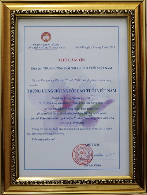 Thư cảm ơn của Uỷ ban Trung ương MTTQ Việt Nam